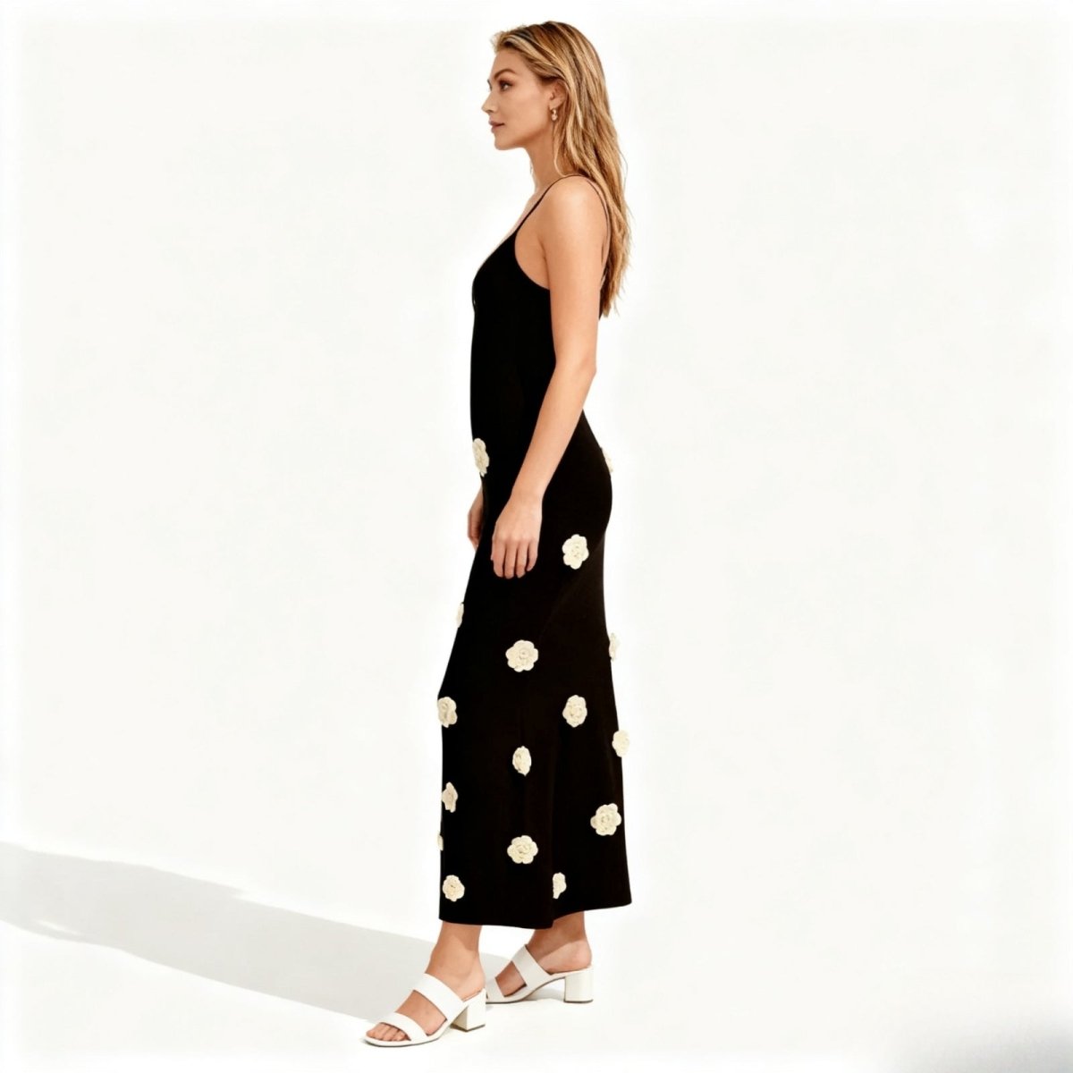 Viscose Knit Midi Dress with Hand-Applied Rosettes | Alexie