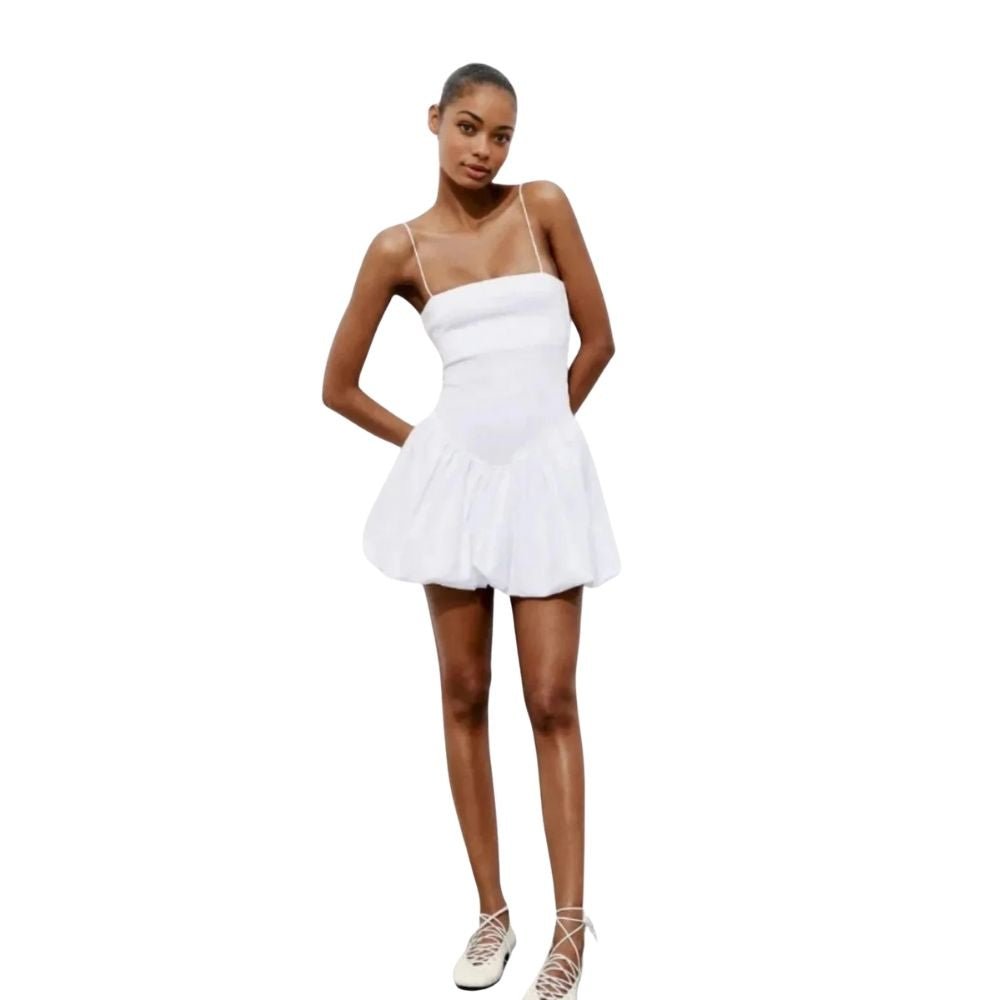 White Taffeta Bubble Hem Dress – Balletcore Minimalist