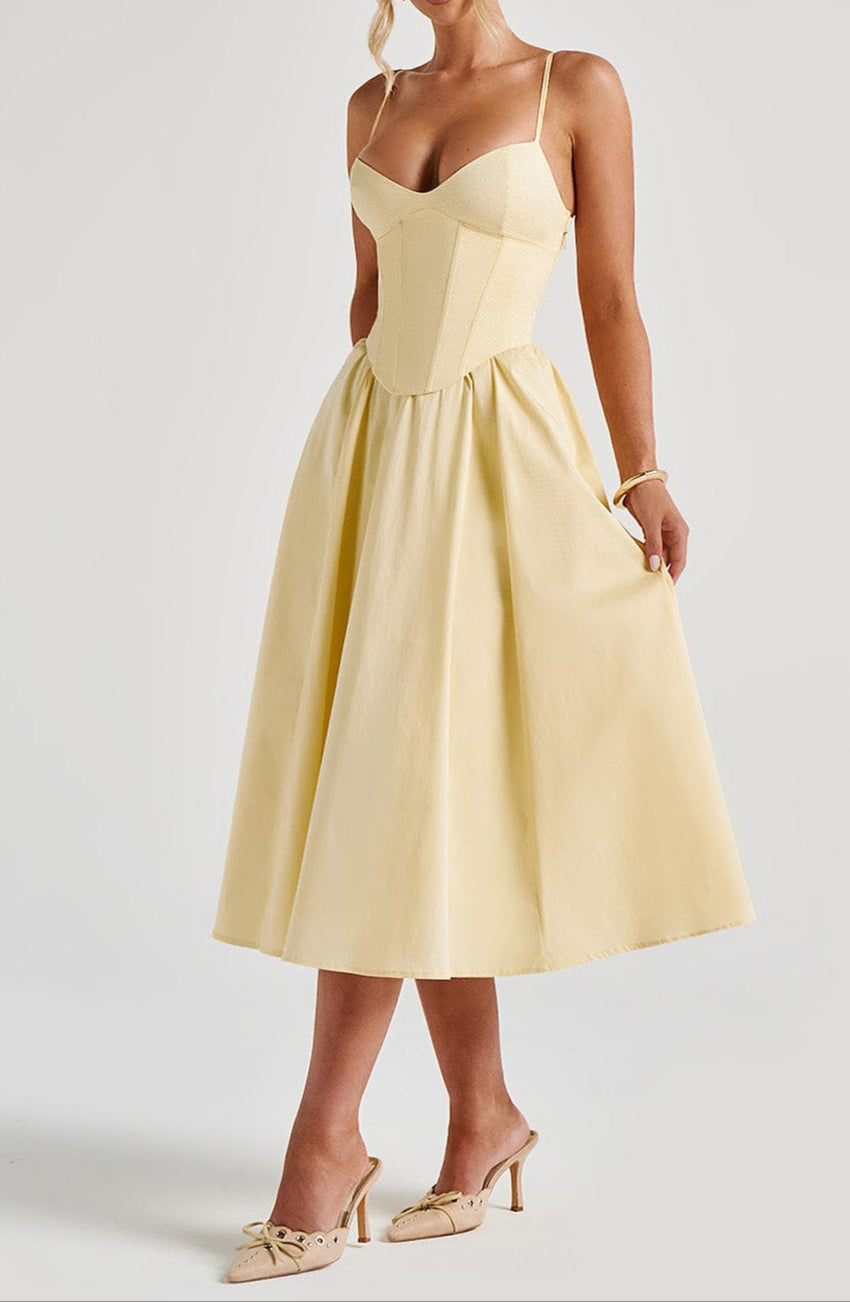Women's Yellow A-Line Midi Dress with Corset Bodice