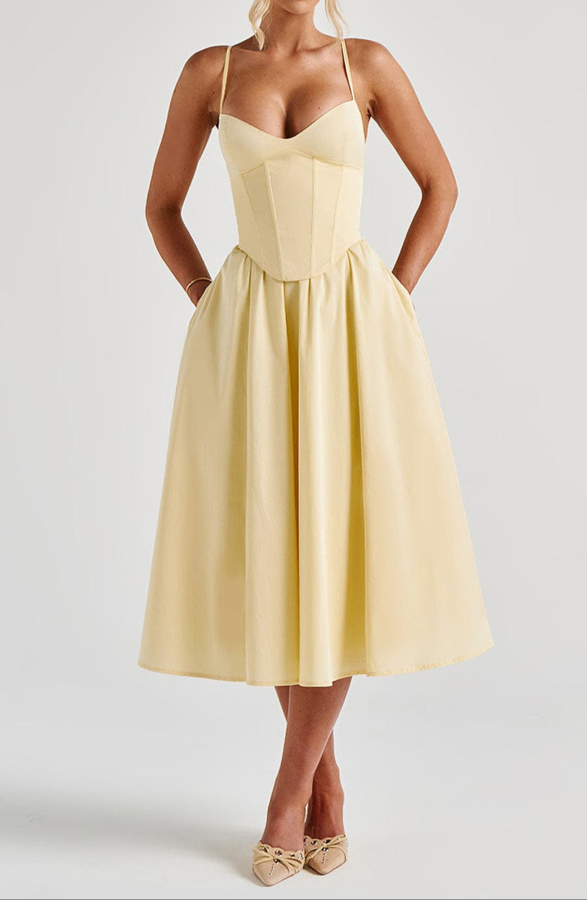 Women's Yellow A-Line Midi Dress with Corset Bodice