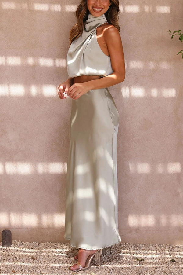 Satin Two-Piece Set – Halter Crop Top & Maxi Skirt