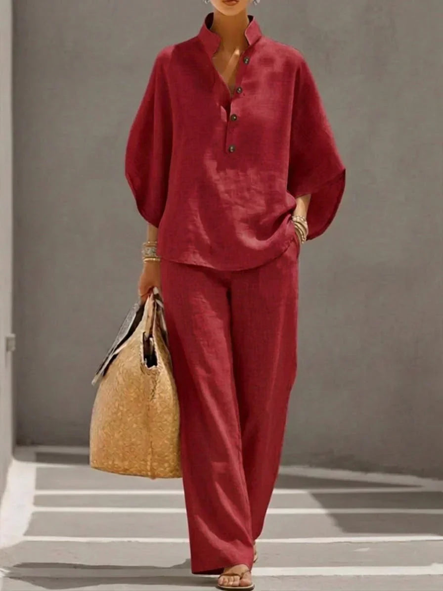 Women's Linen Two-Piece Set with Batwing Sleeves