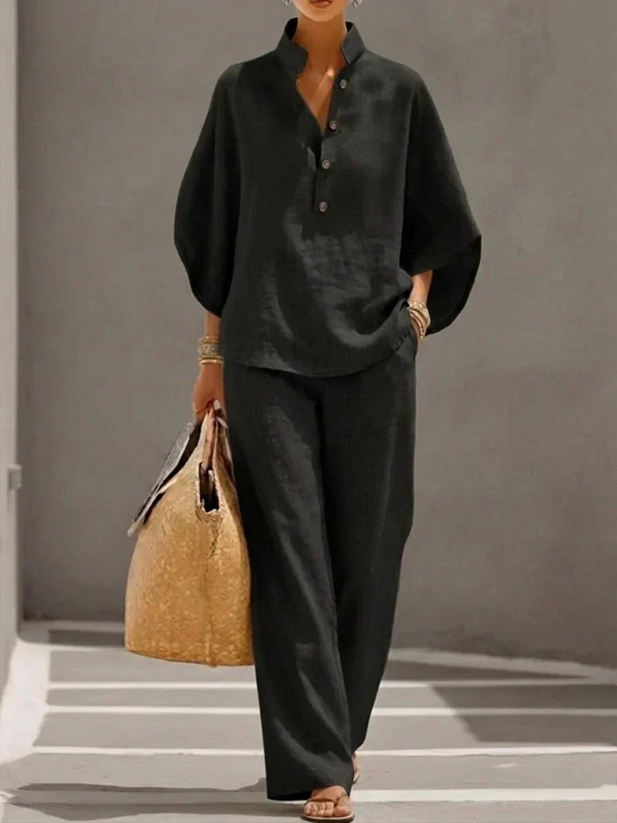 Women's Linen Two-Piece Set with Batwing Sleeves