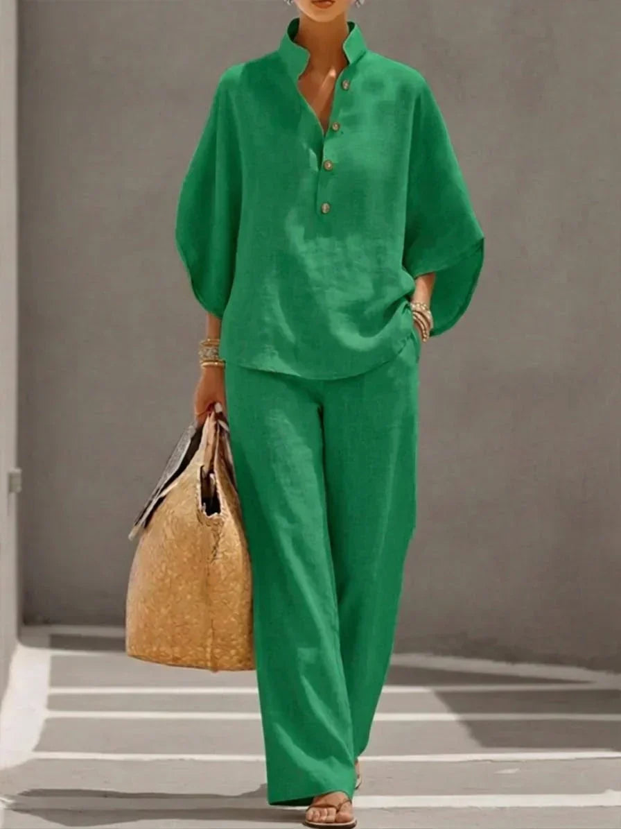 Women's Linen Two-Piece Set with Batwing Sleeves