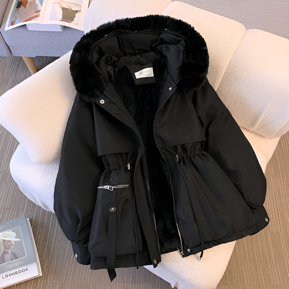 Women's Faux Fur Collar Winter Coat with Drawstring Waist
