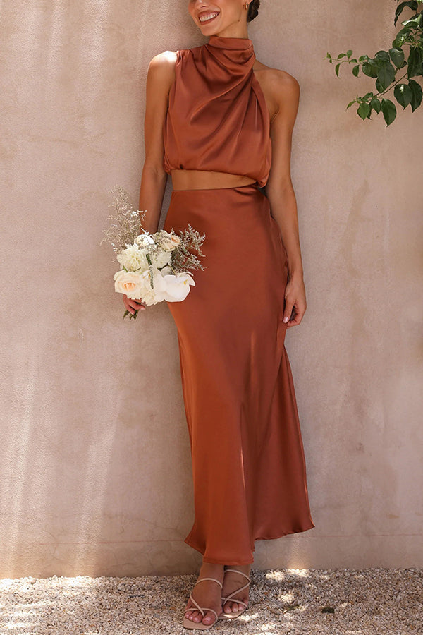 Satin Two-Piece Set – Halter Crop Top & Maxi Skirt