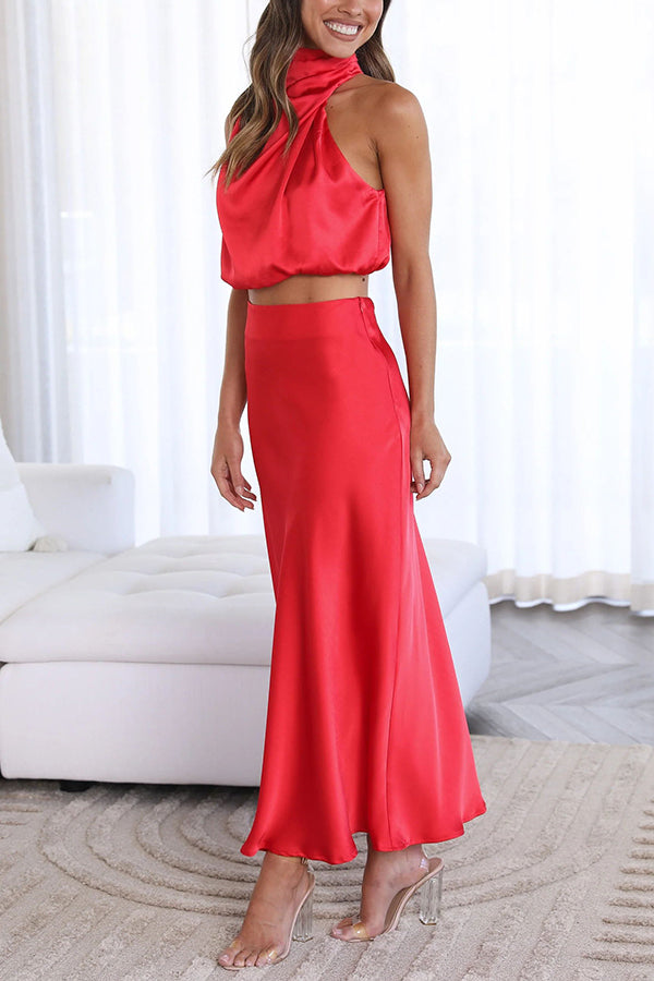 Satin Two-Piece Set – Halter Crop Top & Maxi Skirt