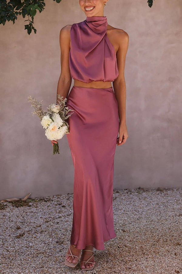 Satin Two-Piece Set – Halter Crop Top & Maxi Skirt