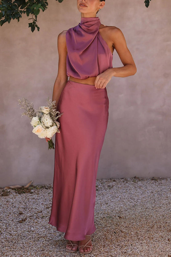 Satin Two-Piece Set – Halter Crop Top & Maxi Skirt