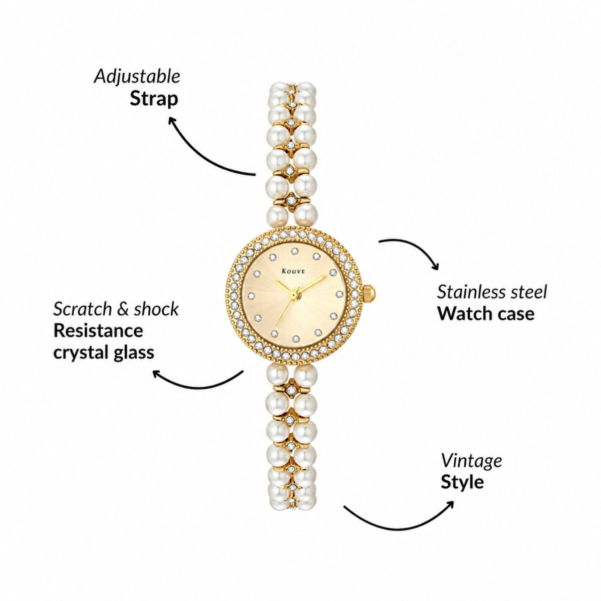 Pearl Crystal Bracelet Watch – Gold Vintage Women's Watch