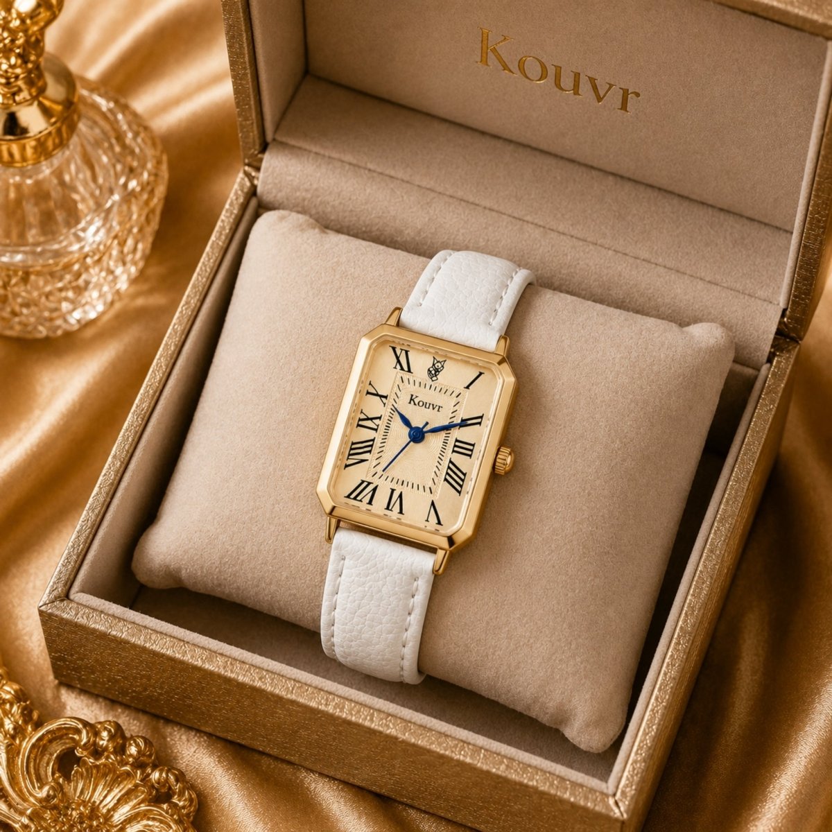 Women's Gold Rectangular Watch with Leather Strap | Champagne Dial