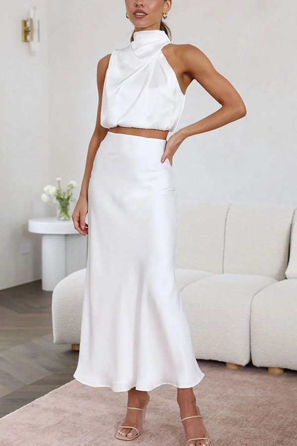 Satin Two-Piece Set – Halter Crop Top & Maxi Skirt