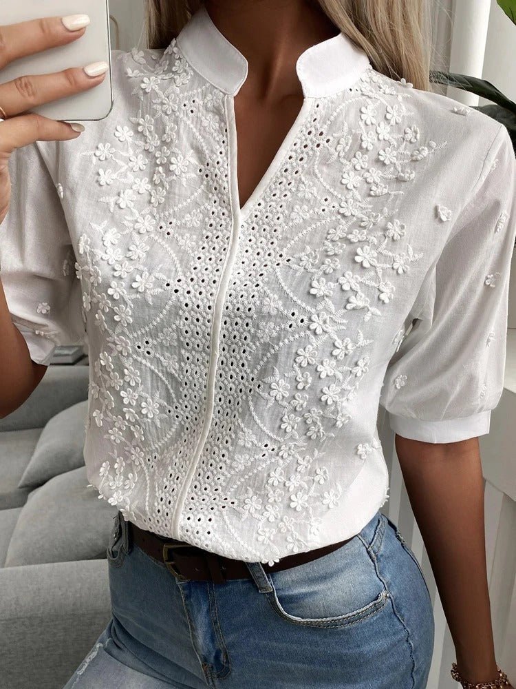 Women's Embroidered Short Sleeve Blouse – Floral V-Neck Top