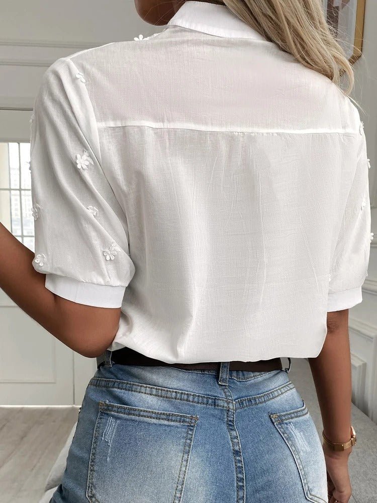Women's Embroidered Short Sleeve Blouse – Floral V-Neck Top
