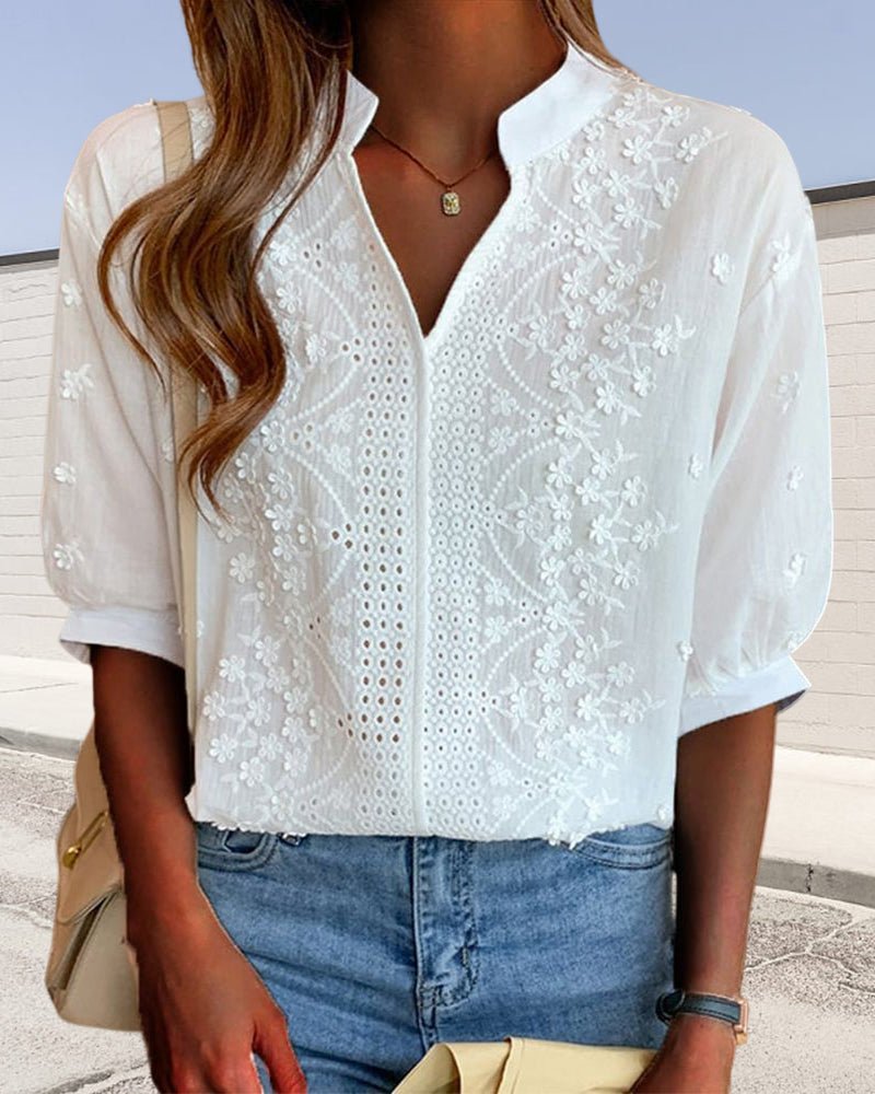 Women's Embroidered Short Sleeve Blouse – Floral V-Neck Top