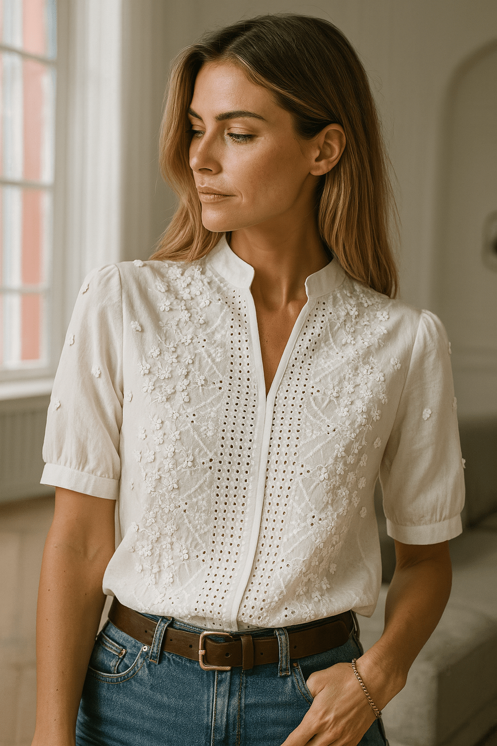 Women's Embroidered Short Sleeve Blouse – Floral V-Neck Top