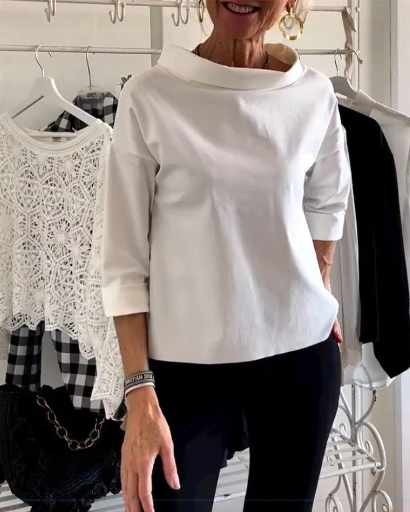 White Women's Bateau Neck 3/4 Sleeve Relaxed-Fit Top