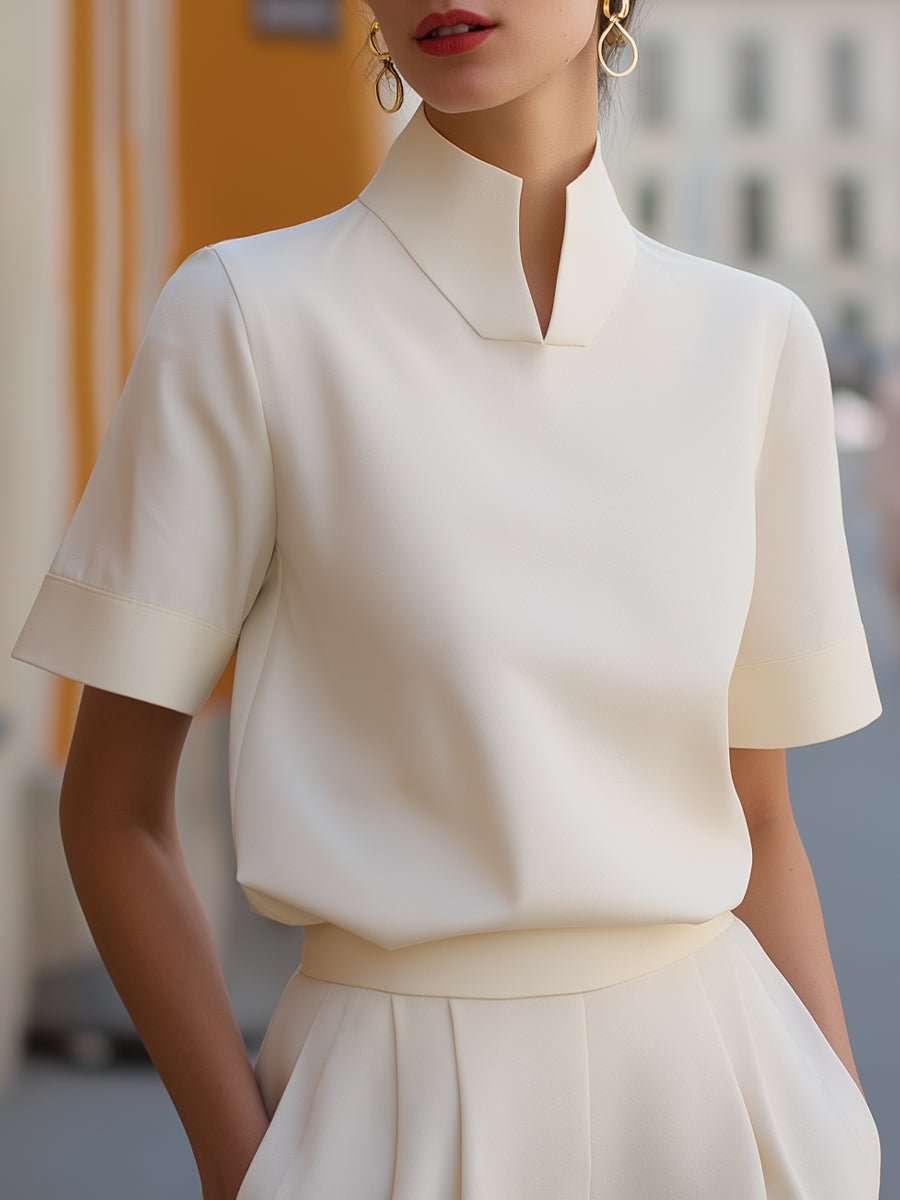 Women's Stand Collar Short Sleeve Structured Blouse | Isla