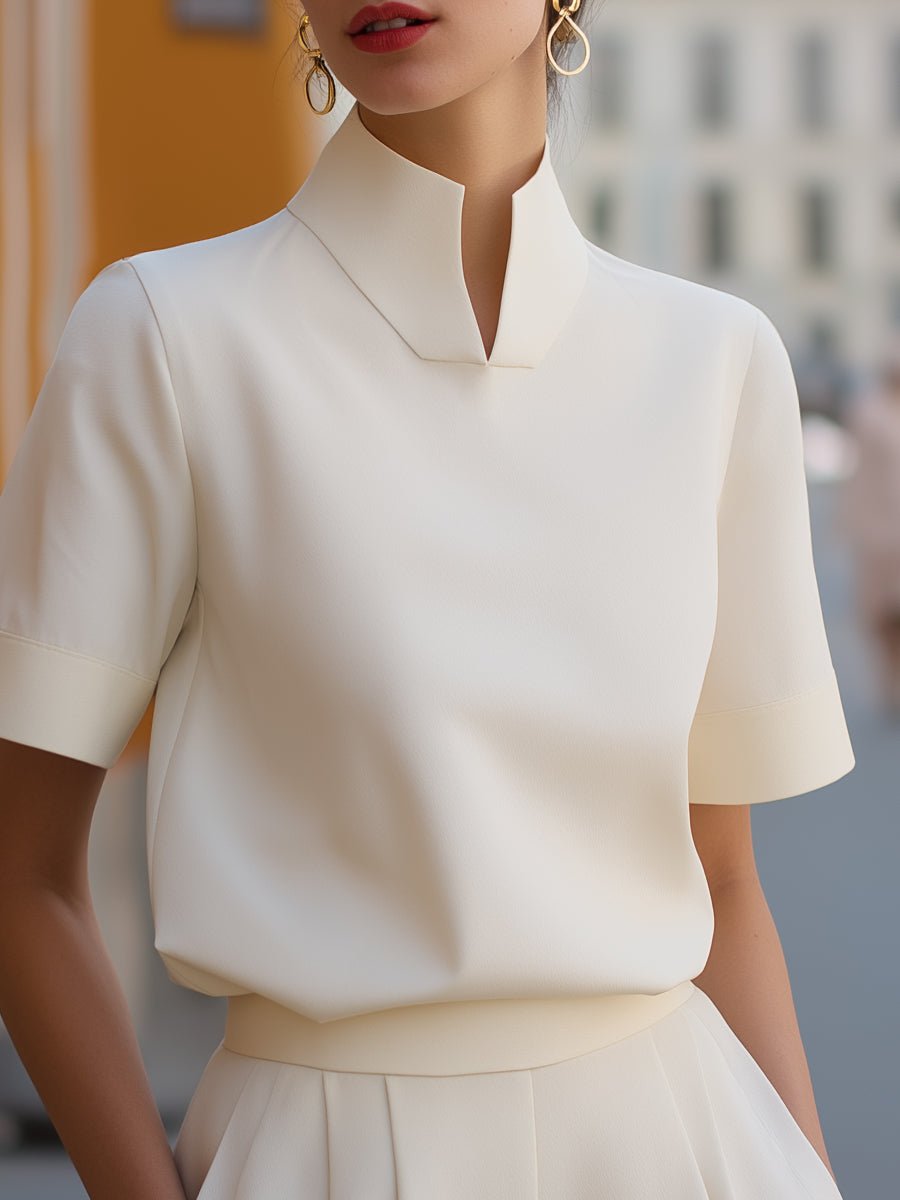 Women's Stand Collar Short Sleeve Structured Blouse | Isla