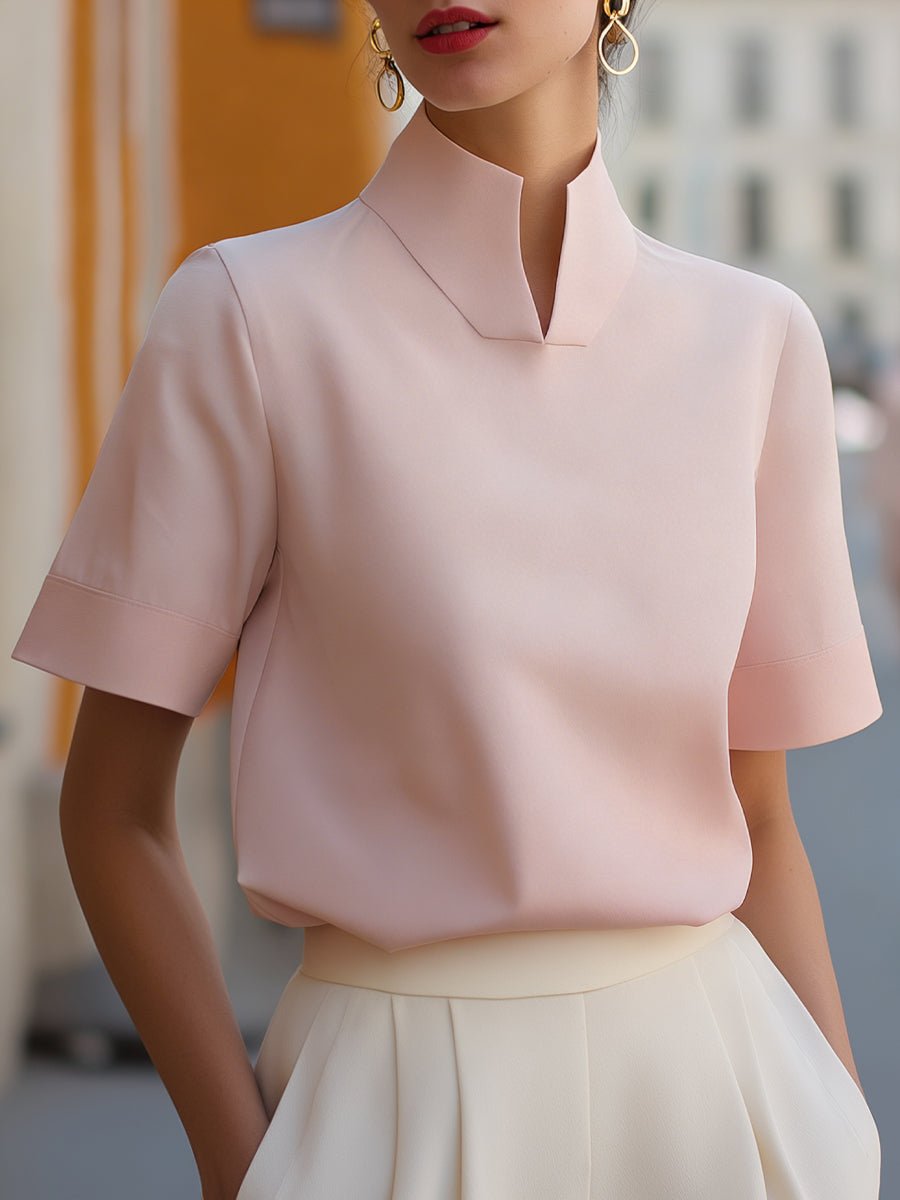Women's Stand Collar Short Sleeve Structured Blouse | Isla